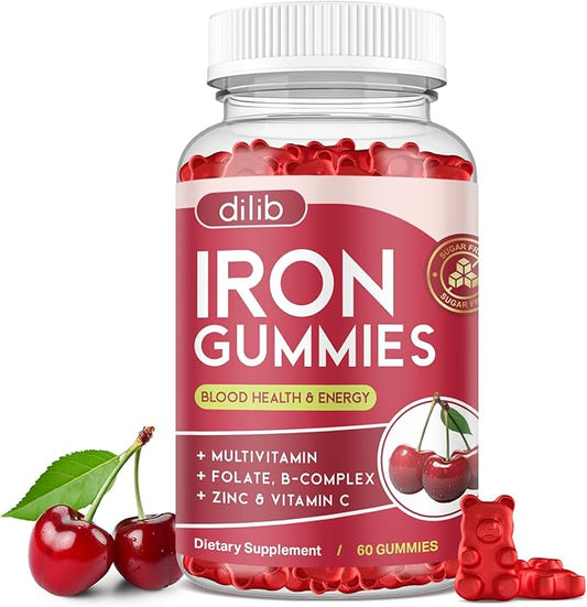 Iron Gummies with Multivitamin, Iron Supplement for Women & Men with Zinc, Vitamin B Complex & C, B12, Folate - Blood Builder & Energy Support for Adults & Kids - Cherry Flavor, Vegan 60 Gummies