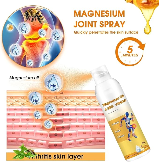 Magnesium Joint Spray, Professional Magnesium Joint Oil,Magnesium Oil & Bee Venom Joint Spray for Back, Knee, Hands, Neck （1 PCS,100ml）