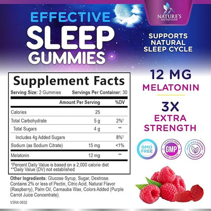Sleep Gummies with Melatonin - Extra Strength Sleep Gummy, 12 mg Melatonin, Natural Melatonin Gummy, Occasional Sleep Support Supplement for Adults, Vegan, Non-GMO, Gomitas para Dormir - 60 Gummies