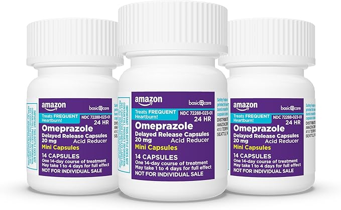 Amazon Basic Care Omeprazole Delayed Release Mini Capsules 20 mg, Acid Reducer, 24HR Heartburn Relief, 42 Count Pack