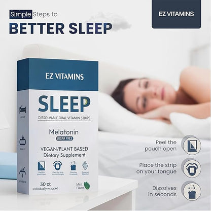 Dissolvable Oral Sleep Strips with 5mg Melatonin, Valerian Root, L-Theanine, Vitamin D3 - Sleep Support Oral Strips with Sleep Mask, Fresh Mint Flavor, No Water Needed, Works Faster Than Gummies, 30ct