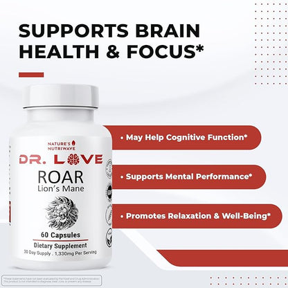 Dr. Love Roar Lion’s Mane Mushroom Supplement – Plant-Based Formula with Cordyceps, Reishi & Shiitake – Vegan, Gluten-Free, GMP Certified, Made in USA – 60 Capsules, 1 Month Supply