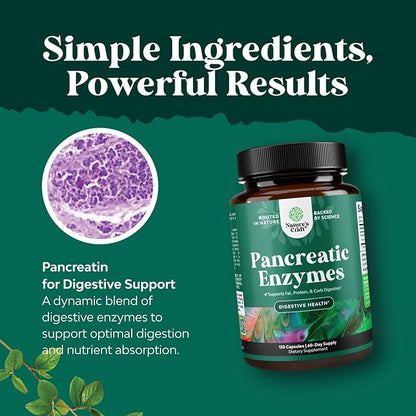 Natures Craft Pancreatin Digestive Enzymes for Digestive Health - Pancreatic Enzymes for Humans with Fat Carb and Protein Women and Men - Protease Amylase & Lipase Digestion -120ct