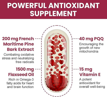 200 mg Pycnogeno with PQQ, Premium French Maritime Pine Bark Extract, Unique Dual-Delivery for Maximum Absorption, Pine Bark Extract for Vascular & Heart & Joint Function - 60 Vegan Softgels