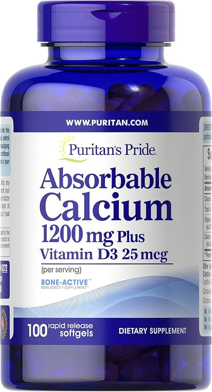 Puritan's Pride Absorbable Calcium 1200 mg Plus Vitamin D3 25mcg 1000 IU With Bone-Active, Dietary Supplement for Bone Strength, Heart, Nerve, Muscle, And Immune Support, 100 Rapid Release Softgels