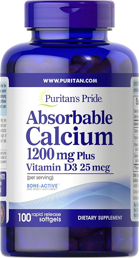 Puritan's Pride Absorbable Calcium 1200 mg Plus Vitamin D3 25mcg 1000 IU With Bone-Active, Dietary Supplement for Bone Strength, Heart, Nerve, Muscle, And Immune Support, 100 Rapid Release Softgels