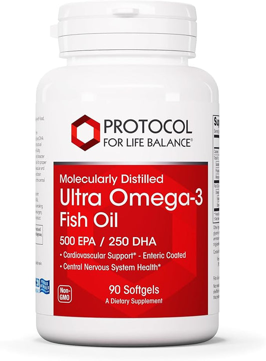 PROTOCOL FOR LIFE BALANCE Ultra Omega-3-500mg EPA & 250mg DHA - Fish Oil for Brain Support Heart & Nervous System Health - EPA DHA Omega Supplement - Non-GMO & Halal - 90 Softgels