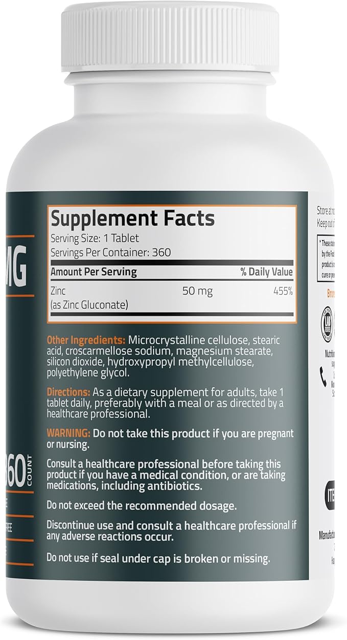 Bronson Zinc 50 MG High Potency One Year Supply Supports Immune, Antioxidant & Skin Health - Non-GMO, 360 Vegetarian Tablets