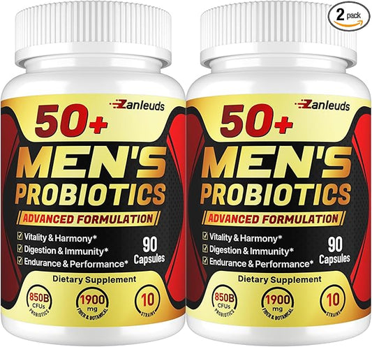 Probiotics for Men, Potent 50+ Mens Probiotic, Complete Gut & Digestive Health, with 850 Billion CFU, 1900mg Prebiotic Fiber, Energize, Immune, Mens Probiotics for Gut Health Over 50-180 Capsule