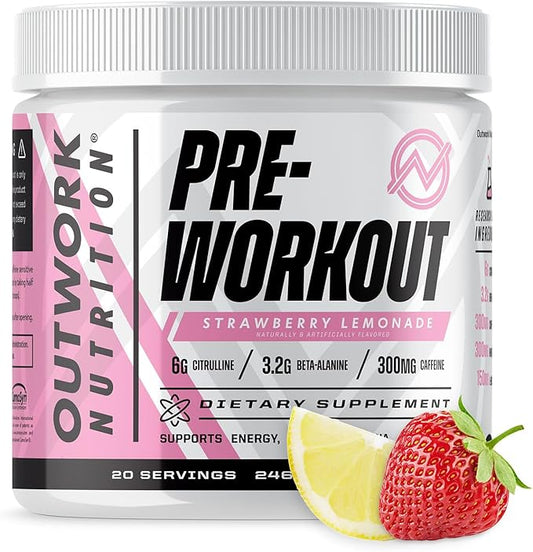 Outwork Nutrition Pre-Workout for Men & Women, Pre Workout Without Creatine, Nootropic Pre Workout Powder with Citrulline Malate, Beta Alanine, Taurine, Rhodiola & Caffeine (Strawberry Lemonade)