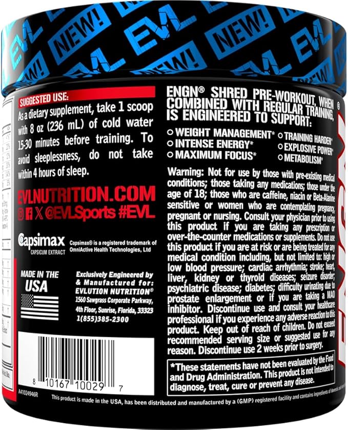 EVL Ultimate Pre Workout Powder - Thermogenic Fat Burn Support Preworkout Powder Drink for Lasting Energy Focus and Stamina - ENGN Shred Intense Creatine Free Preworkout Drink Mix - Fruit Punch