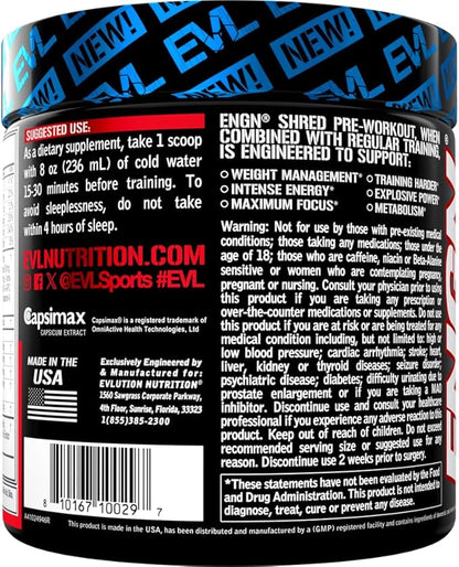 EVL Ultimate Pre Workout Powder - Thermogenic Fat Burn Support Preworkout Powder Drink for Lasting Energy Focus and Stamina - ENGN Shred Intense Creatine Free Preworkout Drink Mix - Fruit Punch