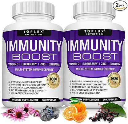 10 in 1 Immunity Boost Immune Support Supplement â€“ 1650mg Made with Elderberry, Vitamin C, Zinc, Echinacea & Probiotics for Immune System Booster, Support Healthy Respiratory System, 2x 60 Capsule