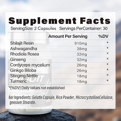 Shilajit for Men Women Pure Himalayan Shilajit Resin Containing Fulvic Acid, 8-in-1 with Ashwagandha Rhodiola Rosea Ginseng, Supports Energy Mental Clarity Focus, 120 Capsules / 2 Packs