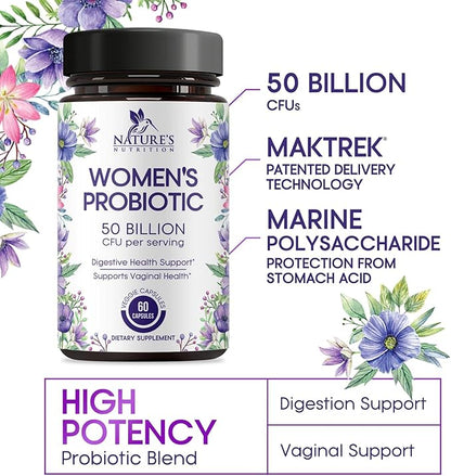 Probiotics for Women 50 Billion CFU - Digestive Health, Vaginal pH & Immune Support, Prebiotics & Cranberry, Gut Health & Urinary Support, 5 Strains, Shelf Stable Women's Probiotic - 60 Capsules