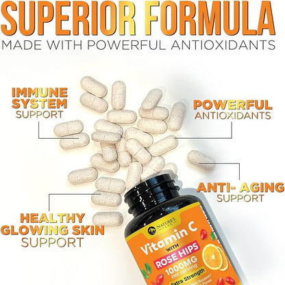 Vitamin C 1000mg Supplement - Extra Strength Chewable Immune Support Vitamin C Dietary Supplement with Rose HIPS, Nature's VitaminC Antioxidant Support, Natural, Vegan, Orange Flavor - 120 Tablets