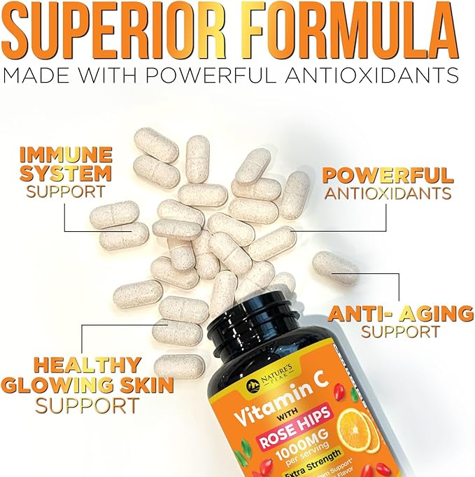 Vitamin C 1000mg Supplement - Extra Strength Chewable Immune Support Vitamin C Dietary Supplement with Rose HIPS, Nature's VitaminC Antioxidant Support, Natural, Vegan, Orange Flavor - 60 Tablets