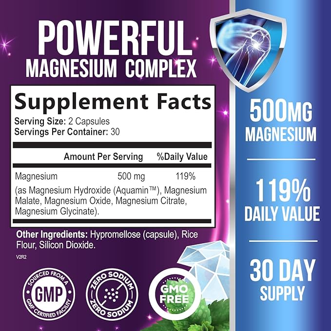 Magnesium Supplement Citrate Capsules 500mg with Glycinate, Oxide, Malate, Citrate - for Muscle, Nerve, Bone and Heart Health Support - High Absorption Glycinate Complex, Gluten Free - 60 Capsules