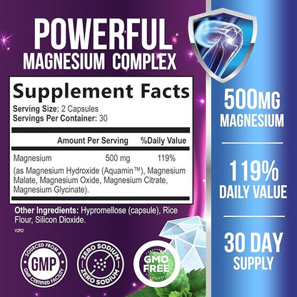 Magnesium Supplement Citrate Capsules 500mg with Glycinate, Oxide, Malate, Citrate - for Muscle, Nerve, Bone and Heart Health Support - High Absorption Glycinate Complex, Gluten Free - 60 Capsules