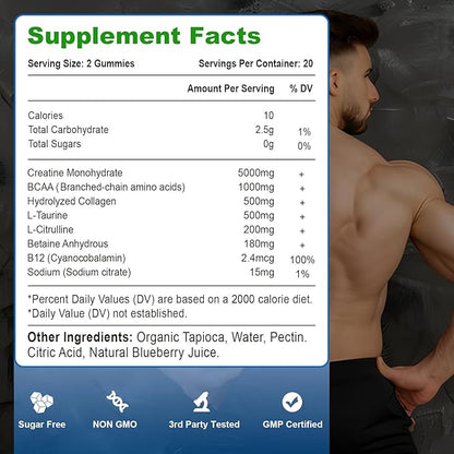 2 Pack Creatine Monohydrate Gummies for Women & Men, Sugar Free Vegan Creatine Supplement for Build Muscles, Increase Energy & Strength, Blueberry Flavor, 120 Count
