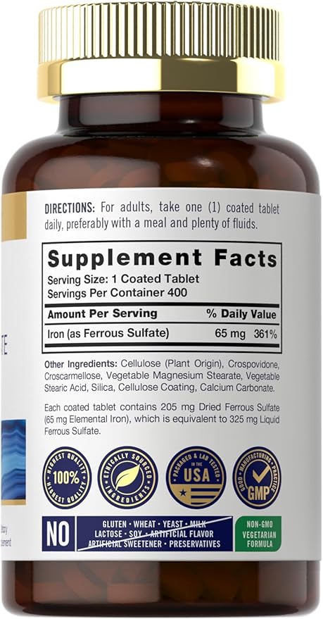 Carlyle Iron Ferrous Sulfate 365mg, 65 mg | 400 Tablets | Non-GMO, Gluten Free, and Vegetarian Supplement | High Potency