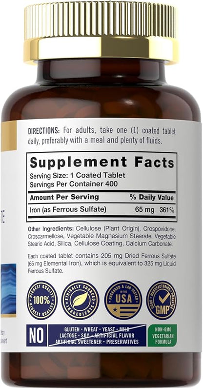 Carlyle Iron Ferrous Sulfate 365mg, 65 mg | 400 Tablets | Non-GMO, Gluten Free, and Vegetarian Supplement | High Potency