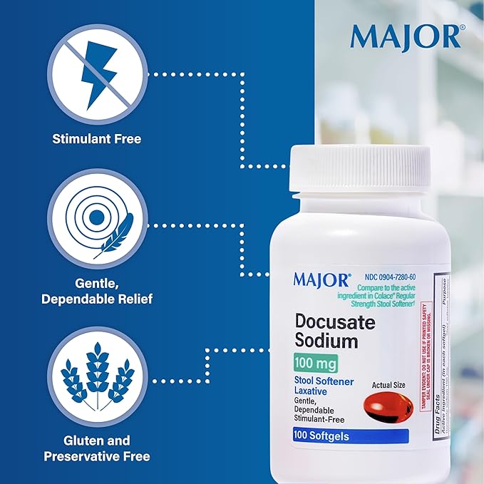 Major Docusate Sodium 100 mg - Stool Softener Laxative Softgels for Occasional Constipation Relief - Stool Softeners for Women, Men, and Kids - Stimulant-Free - 100 Softgels (8 Pack)