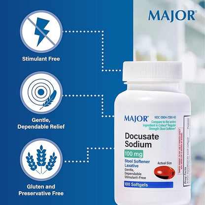 Major Docusate Sodium 100 mg - Stool Softener Laxative Softgels for Occasional Constipation Relief - Stool Softeners for Women, Men, and Kids - Stimulant-Free - 100 Softgels (8 Pack)