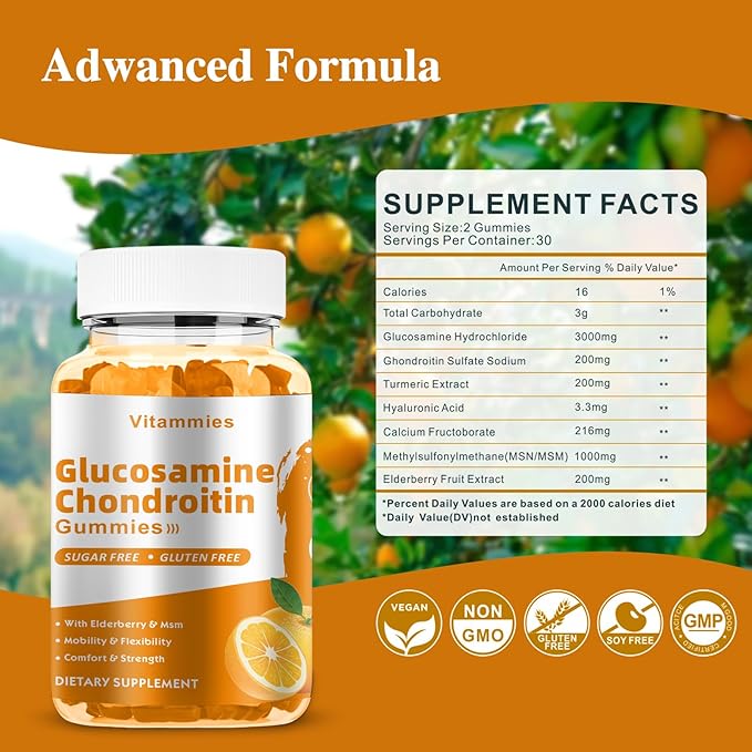 Glucosamine Chondroitin Gummies with MSM & Elderberry Extra Strength - Joint Support, Antioxidant Immune Support Supplement for Adults, Men & Women Minerals, coenzyme Q10, DHA - 60 Orange Gummies