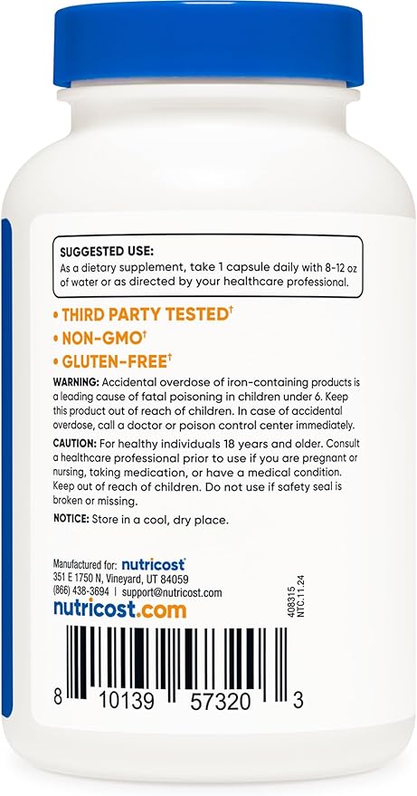 Nutricost Chelated Iron, As Ferrochel, 36mg, 240 Capsules