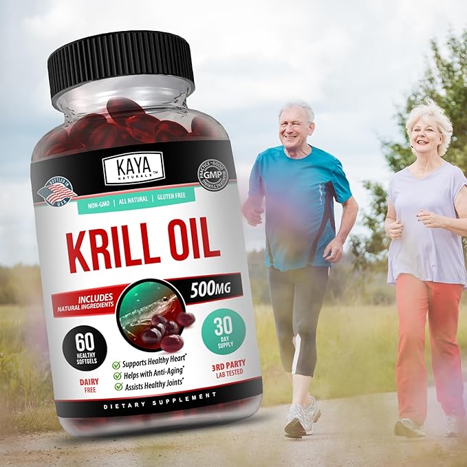 Kaya Naturals - Antarctic Krill Oil 500mg with Omega 3, EPA, DHA, Phospholipids & Astaxanthin Supplement - Brain & Health Vitamin - Anti Aging Supplement - 60 Count Softgels