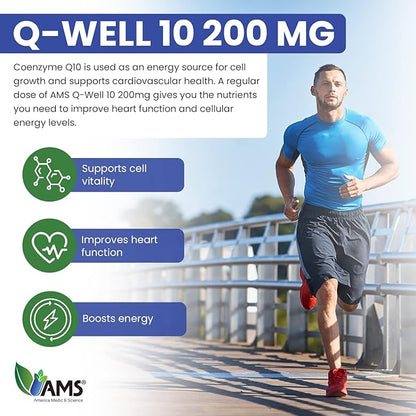 America Medic & Science Q-Well-10 (60 Count) | CoQ10 200mg Softgels | Nutritional Supplement with Coenzyme Q10 and Vitamin E | High Absorption Antioxidant for Enhanced Wellness and Heart Health