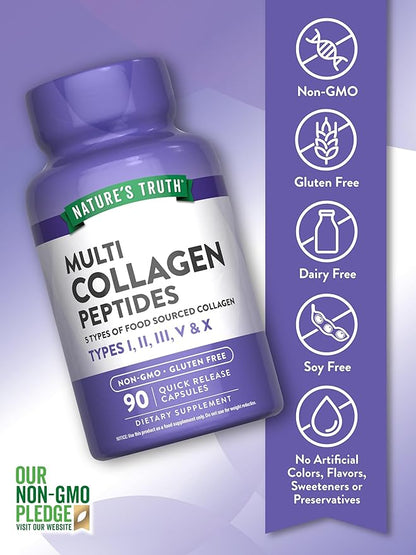 Nature's Truth Multi Collagen Peptides Capsules | Types I, II, III, V, X | 2000 mg | 90 Count | Keto Friendly | Non-GMO and Gluten Free Supplement