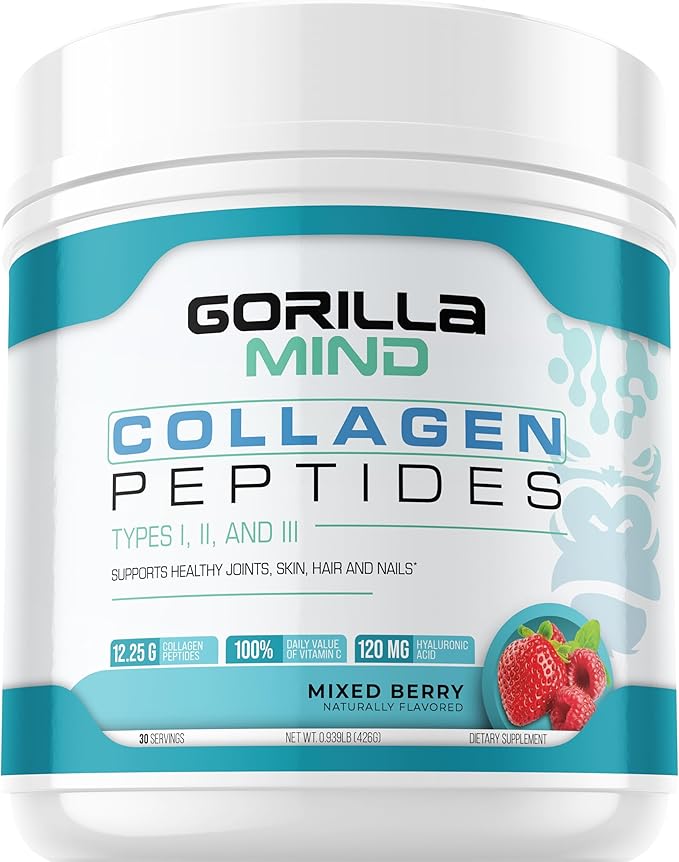 Gorilla Mind Collagen Peptides Powder - Joint & Bone Health/Great for Hair, Skin & Nails/Sleep Support/Types I, II, III/Mix in Water, Juice or a Smoothie - 426g (Mixed Berry)