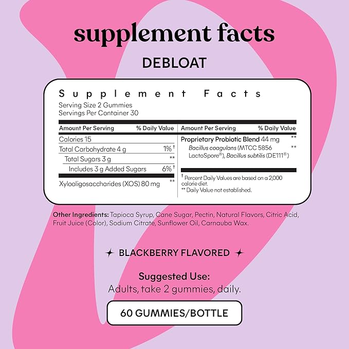 Lemme Debloat - Digestive & Gut Health Gummies with 2 Clinically Studied Probiotics & Prebiotic, Vegetarian, Gluten Free, Non GMO, BlackBerry Flavor (60 Count) (Pack of 2)