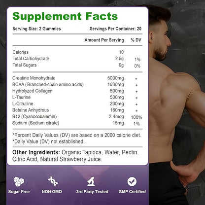 2 Pack Creatine Monohydrate Gummies for Women & Men, Sugar Free Vegan Creatine Supplement for Build Muscles, Increase Energy & Strength, Natural Strawberry Flavor, 120 Count