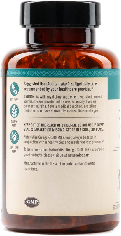 NatureWise Omega 3 Fish Oil - 500 mg per Pill - EPA & DHA - Immune Support, Brain & Optimal Wellness - Gluten and Soy Free, Non-GMO - 60 Softgels[2-Month Supply]