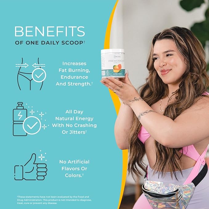 One Sol Pre-Workout for Women, Enhanced Pump & Focus, No Jitters Or Crash, Natural Ingredients, 100% Vegan, Gluten Free & Soy Free, (Mango Guava)