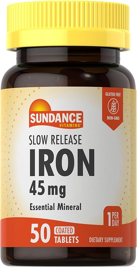 Sundance Iron 45mg Slow Release Pills | 50 Tablets | Essential Mineral Supplement | Vegetarian, Non-GMO, and Gluten Free Formula