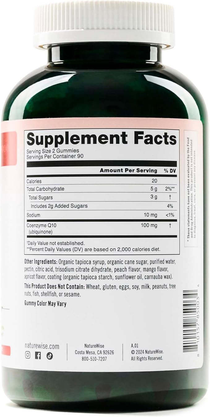 NatureWise CoQ10 Gummies 100mg - Peach Mango Flavor - Supplement for Heart Health & Antioxidant Activity - Pectin-Based, Vegan, Soy and Gluten Free, Non-GMO - 180 Count[3-Month Supply]