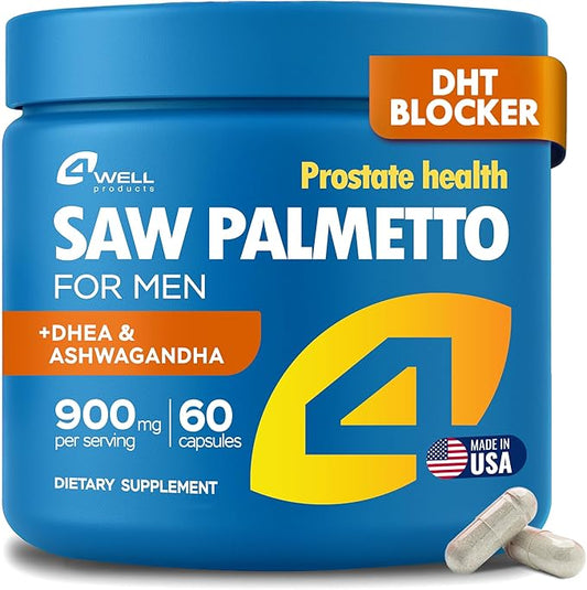 Improved Complex Saw Palmetto for Men & Prostate Health Supplements for Men - Advanced Formula Saw Palmetto Extract w/ DHEA & Ashwagandha 900mg - DHT Blocker for Hair Support - Prostate Supplements