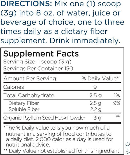 Metabolic Maintenance Organic Psyllium Husk Powder - Soluble Fiber Supplement - Digestion, Gut, Detox + Regularity Support, No Fillers (1 Pound, 150 Servings)