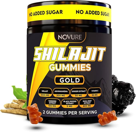 Pure Himalayan Shilajit Gummies No Added Sugar Ashwagandha, MACA Root, Turmeric Extract with Vitamin C, Non-GMO 100% Natural & Organic (60 Count, Gold)