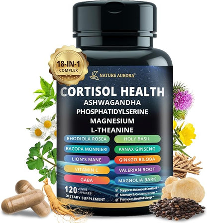 18-in-1 Cortisol Supplements for Women & Men, Cortisol Reducer Detox Manager with Magnesium, Ashwagandha, L-Theanine, Phosphatidylserine for Mood, Sleep, Focus Support, 120 Capsules