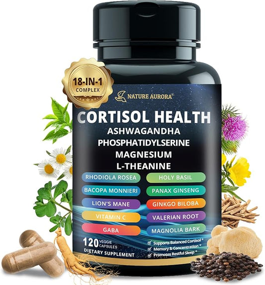 18-in-1 Cortisol Supplements for Women & Men, Cortisol Reducer Detox Manager with Magnesium, Ashwagandha, L-Theanine, Phosphatidylserine for Mood, Sleep, Focus Support, 120 Capsules