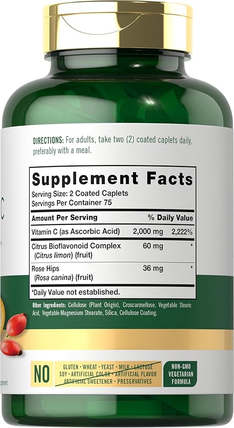 Carlyle Vitamin C 2000mg | with Rose HIPS | 150 Caplets | Vegetarian, Non-GMO, Gluten Free Supplement