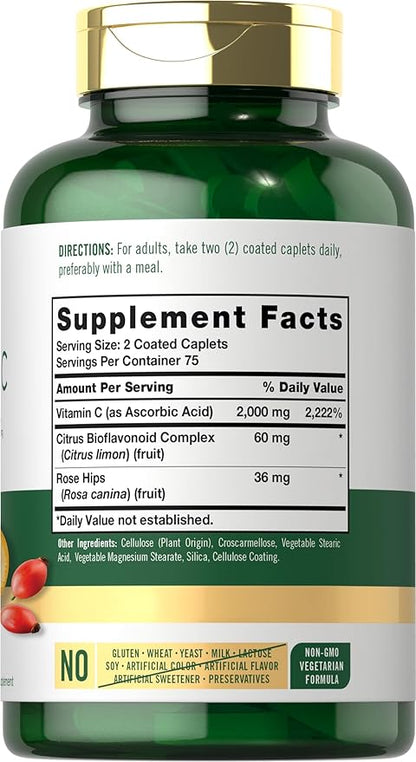Carlyle Vitamin C 2000mg | with Rose HIPS | 150 Caplets | Vegetarian, Non-GMO, Gluten Free Supplement