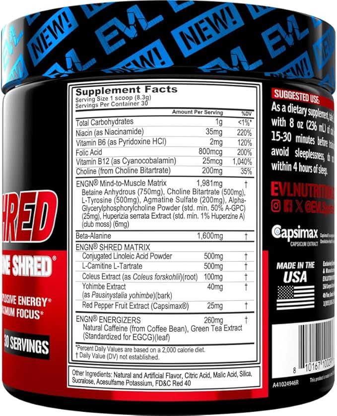 EVL Ultimate Pre Workout Powder - Thermogenic Fat Burn Support Preworkout Powder Drink for Lasting Energy Focus and Stamina - ENGN Shred Intense Creatine Free Preworkout Drink Mix - Fruit Punch