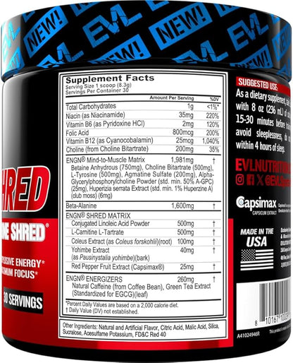 EVL Ultimate Pre Workout Powder - Thermogenic Fat Burn Support Preworkout Powder Drink for Lasting Energy Focus and Stamina - ENGN Shred Intense Creatine Free Preworkout Drink Mix - Fruit Punch