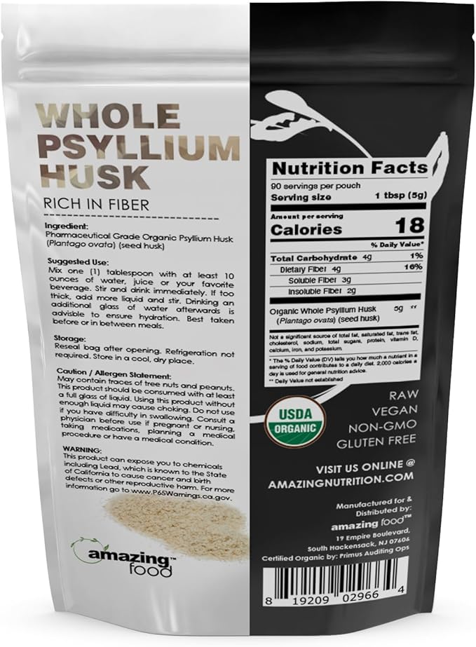 Amazing Food Whole Psyllium Husk | 1 Lb | USDA Organic Certified | Vegan | Non-GMO | Gluten Free | Made in USA